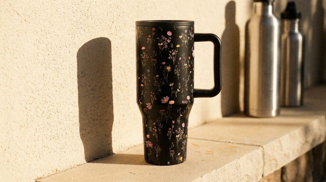 Exclusive Midnight Floral tumbler on a sandy ledge against a stucco wall