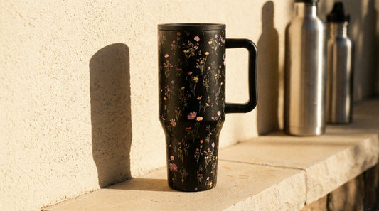 Exclusive Midnight Floral tumbler on a sandy ledge against a stucco wall