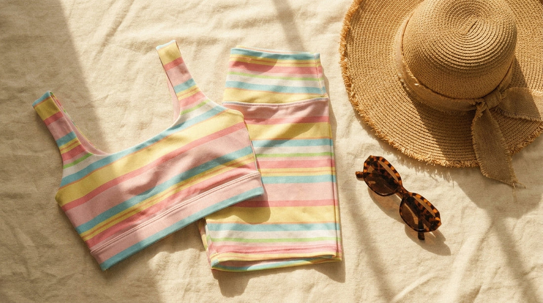 South Beach Stripe Set folded flat with a straw hat and sunglasses