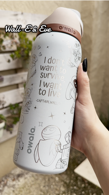 Wall-E and Eve Engraved Owala 32 oz FreeSip Water Bottle