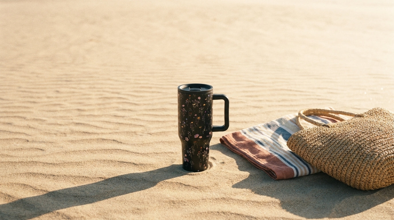 Midnight Floral tumbler and beach essentials on rippled sand, wide editorial shot